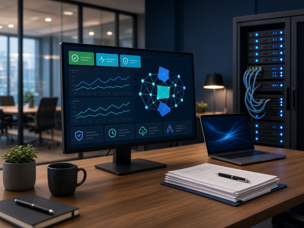 Mesa de escritório com monitor exibindo um painel de monitoramento de rede, notebook, documentos e um rack de rede ao fundo